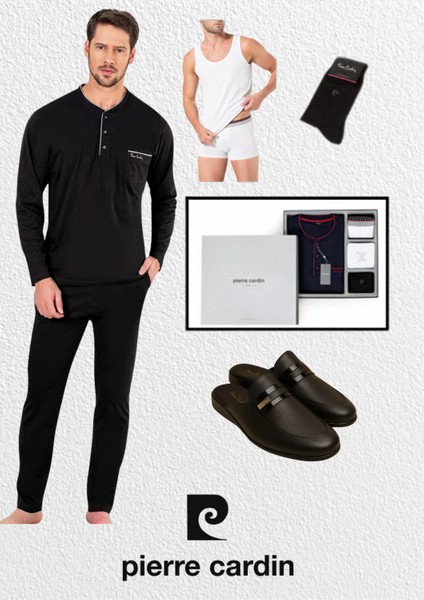 Erkek Giyim Kutulu Çeyizlik Hediyelik Penye Pijama Takımı & Atlet - Boxer & Çorap & Deri Terlik Set