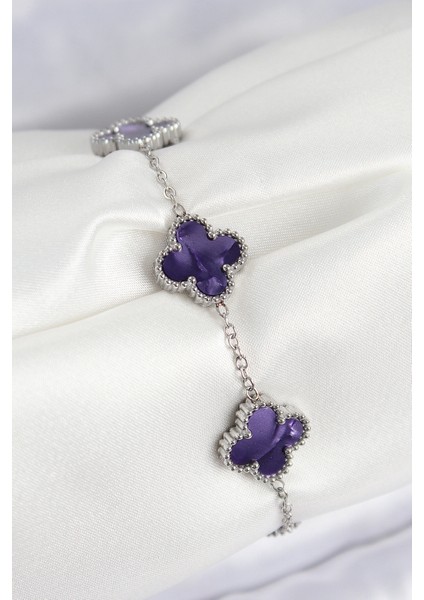 316L Çelik Sedefli Mor Gümüş Renk Yonca Kadın Bileklik - TJ-BB7674