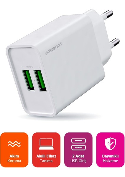PSM134 2A Çift USB Şarj Adaptörü Akıllı Tanıma Hızlı Şarj Başlığı 10W Beyaz fiyatları