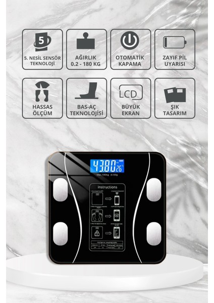 Dijital Baskül Yağ Ölçer Fonksiyonlu Akıllı Baskül Bluetooth Tartı- Siyah