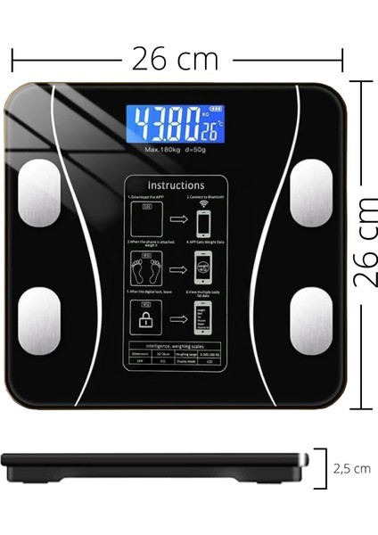 Dijital Baskül Yağ Ölçer Fonksiyonlu Akıllı Baskül Bluetooth Tartı- Siyah fiyatları
