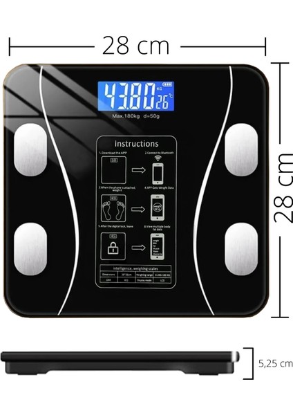 Dijital Baskül Yağ Ölçer Fonksiyonlu Akıllı Baskül Bluetooth Tartı- Siyah indirimleri