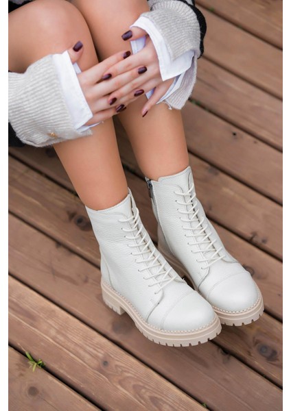 Roy Bağcıklı Kadın Hakiki Deri Postal Ekru modelleri