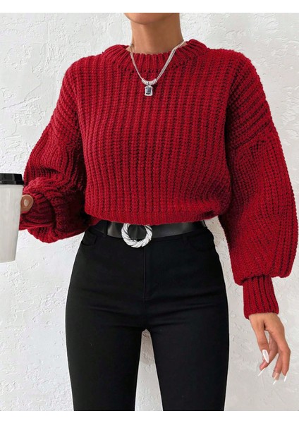 Kadın Kalın Örgü Balon Kol Triko Kazak