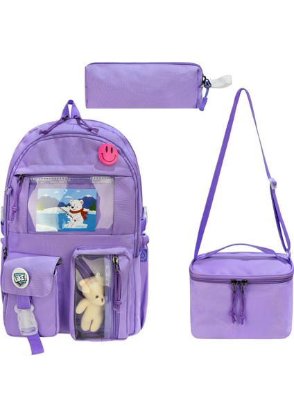 Kore Tarzı Okul Çantası Aksesuarlı Ortopedik Kız Çocuk Sırt Çantası Beslenme ve Kalemlik