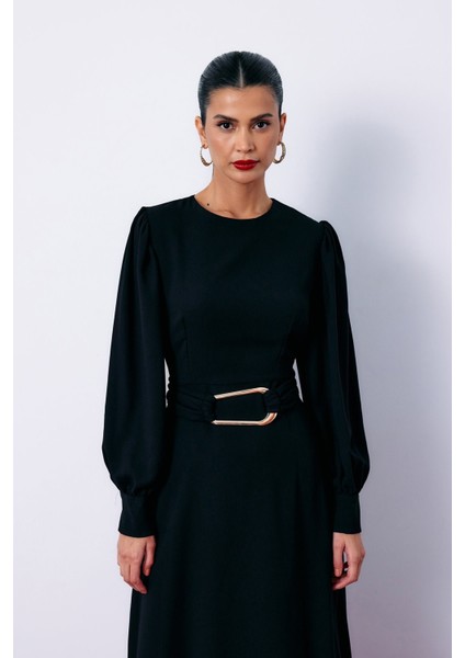 Kemerli Midi Elbise - Siyah modelleri