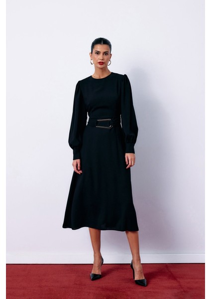 Kemerli Midi Elbise - Siyah