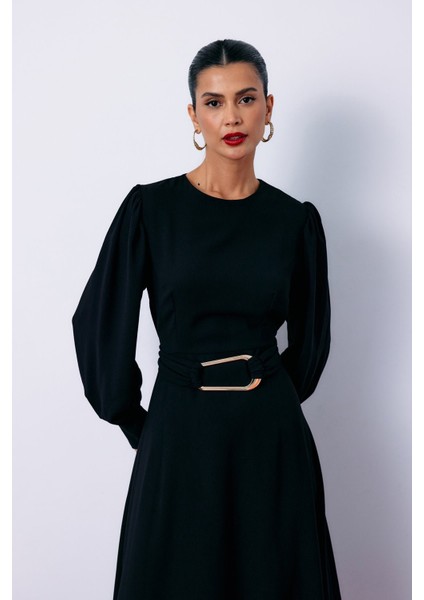 Kemerli Midi Elbise - Siyah fırsatları