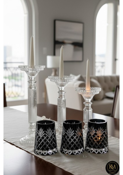 El Yapımı Kristal Desenli Siyah Lüks Mumluk Şamdan Set 3'lü
