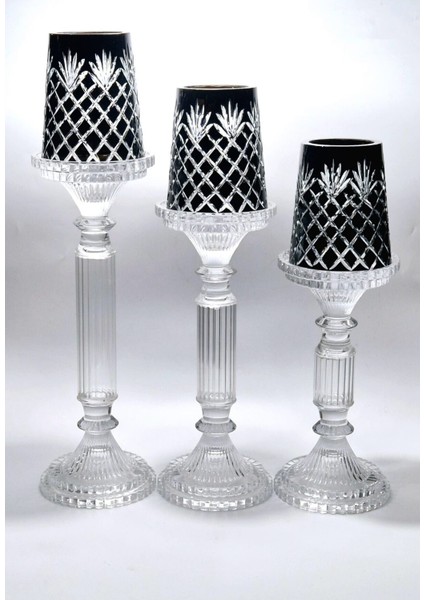 El Yapımı Kristal Desenli Siyah Lüks Mumluk Şamdan Set 3'lü modelleri