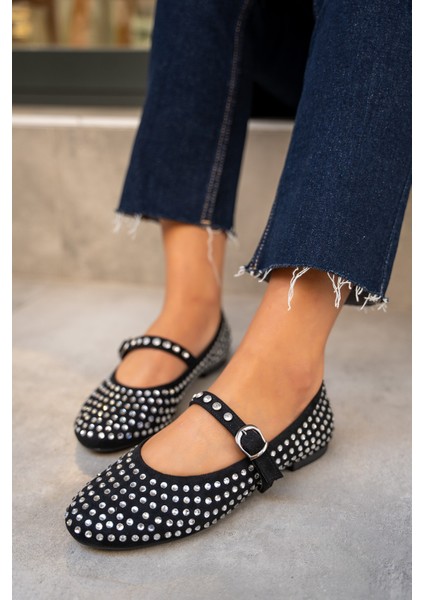 Mac Siyah Süet Taşlı Düz Babet modelleri