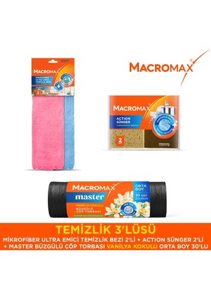 Temizlik 3lüsü Mikrofiber Bezi Sünger ve Kokulu Çöp Torbası Seti