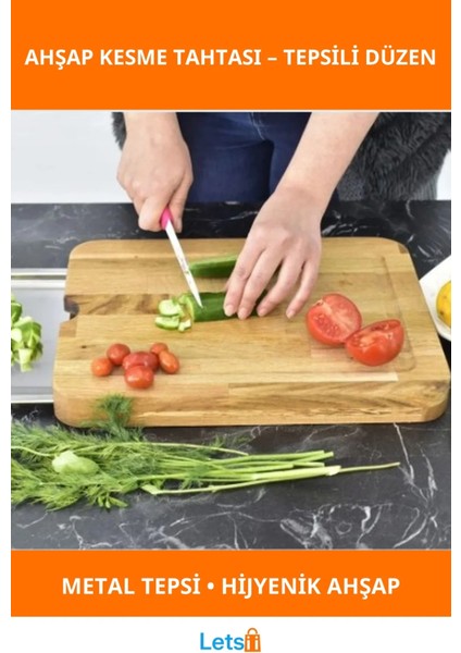 Pratik Tepsili Dayanıklı Ahşap Kesme Tahtası