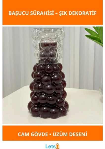 Şeffaf Cam Üzüm Desenli Başucu Sürahisi ve Bardak Seti