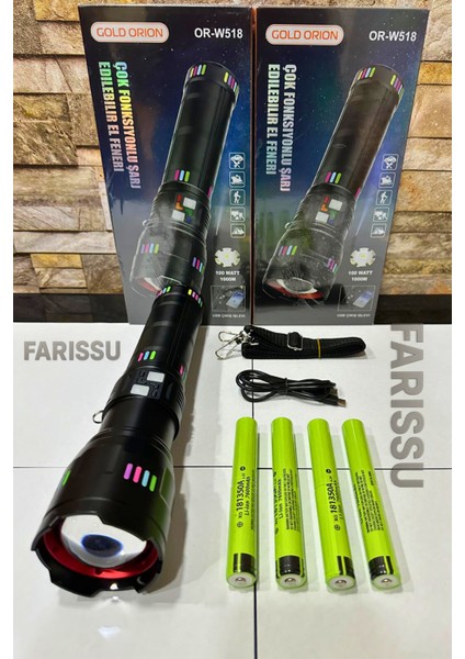 OR-W518 Ultra Güçlü Beyaz Lazer LED El Feneri | 100W, 6000 Lümen, 2 Km Zoom Menzil Powerbank Özellikli
