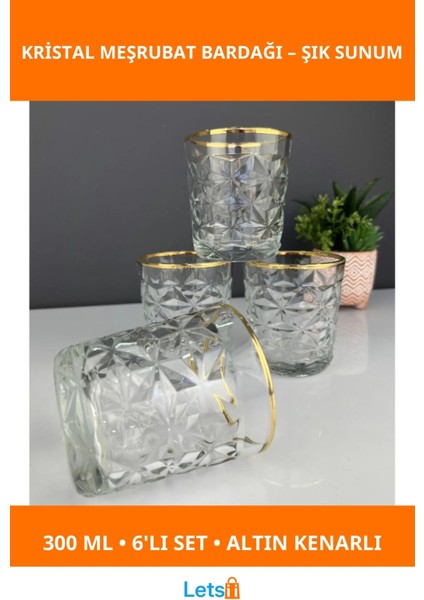 6'lı Şık Kristal Meşrubat Bardağı 300 ml Gold