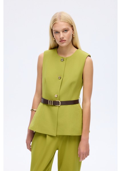 Kemer Aksesuarlı Düğmeli Kolsuz Yelek Olive