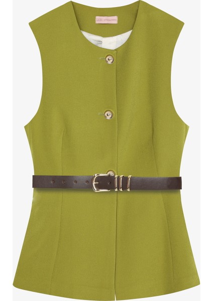 Kemer Aksesuarlı Düğmeli Kolsuz Yelek Olive fiyatları