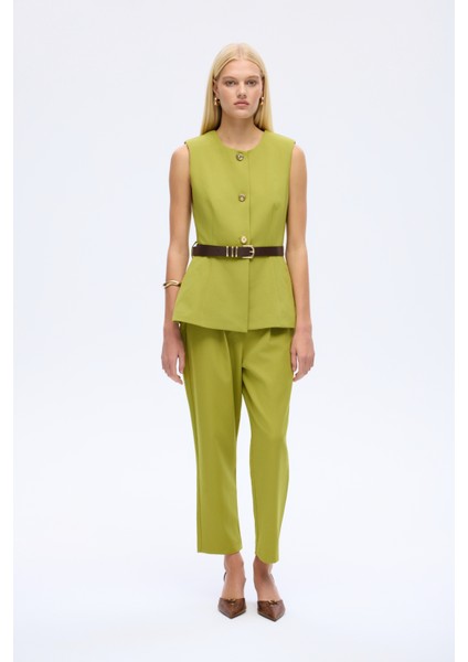 Kemer Aksesuarlı Düğmeli Kolsuz Yelek Olive fırsatları