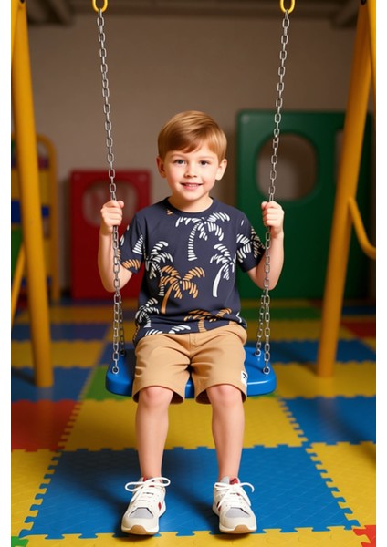 Erkek Çocuk %100 Pamuklu Tropikal Baskılı T Shirt ve Şort Takımı Kaliteli Şık Rahat modelleri