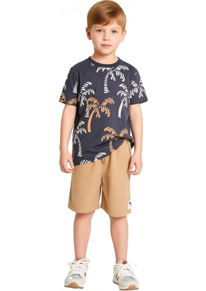 Erkek Çocuk %100 Pamuklu Tropikal Baskılı T Shirt ve Şort Takımı Kaliteli Şık Rahat fırsatları