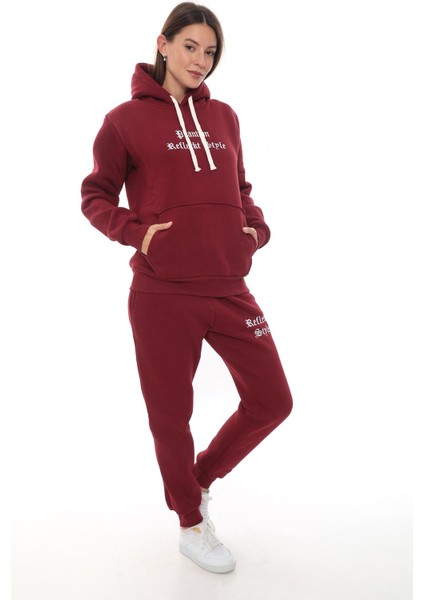 Kadın Kapüşonlu Kanguru Cep Şardonlu 3 Iplik Kışlık Içi Polarlı Günlük Eşofman Takım