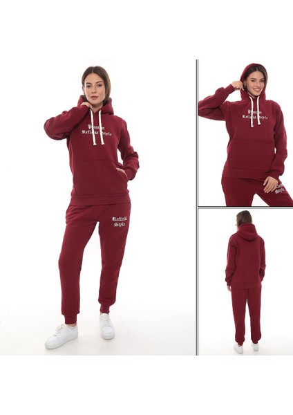 Kadın Kapüşonlu Kanguru Cep Şardonlu 3 Iplik Kışlık Içi Polarlı Günlük Eşofman Takım
