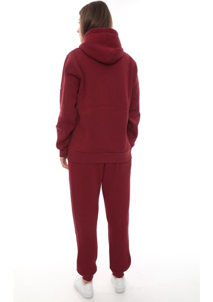 Kadın Kapüşonlu Kanguru Cep Şardonlu 3 Iplik Kışlık Içi Polarlı Günlük Eşofman Takım