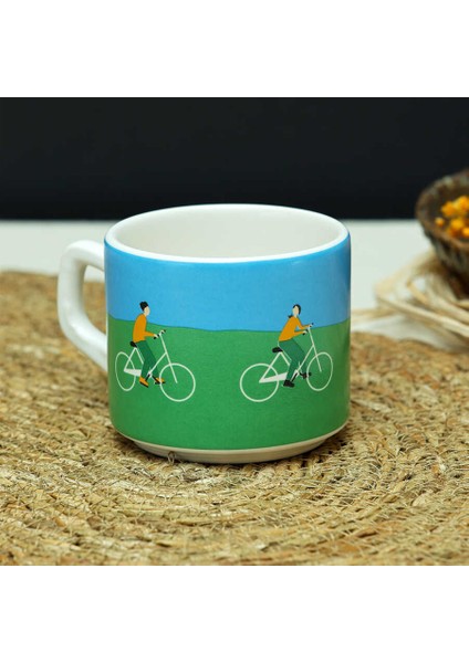 Bisiklet Desenli Yeşil Mavi Seramik Kupa