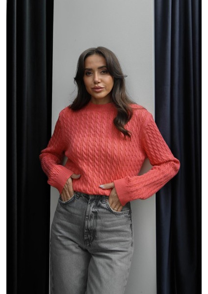 Koyu Somon Tuti Saç Örgülü Kazak