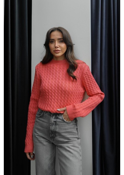 Koyu Somon Tuti Saç Örgülü Kazak modelleri