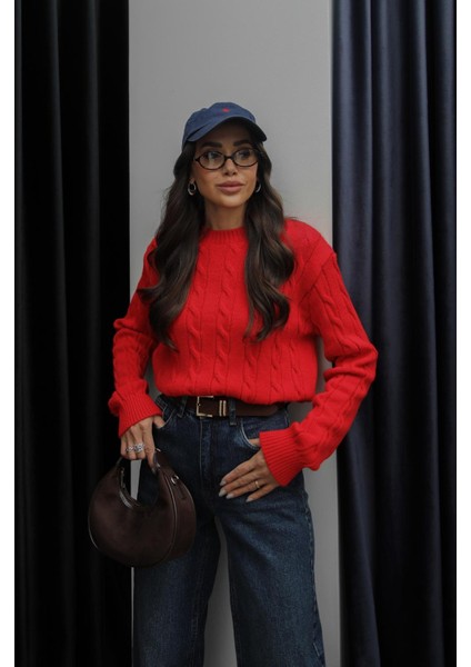 Kırmızı Saç Örgülü Triko Kazak