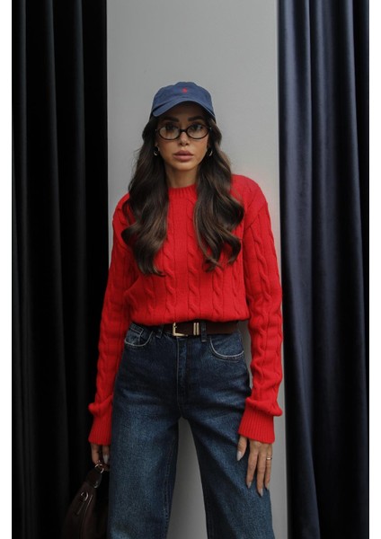 Kırmızı Saç Örgülü Triko Kazak fiyatları