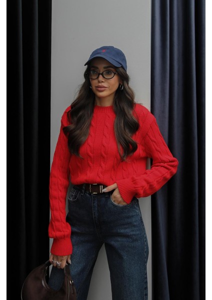 Kırmızı Saç Örgülü Triko Kazak modelleri