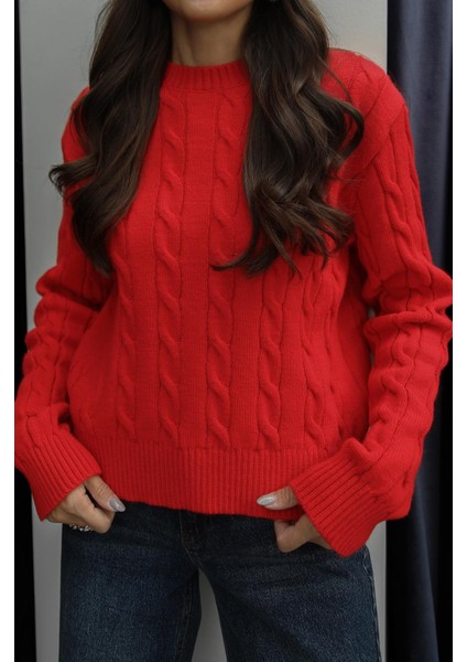 Kırmızı Saç Örgülü Triko Kazak fırsatları