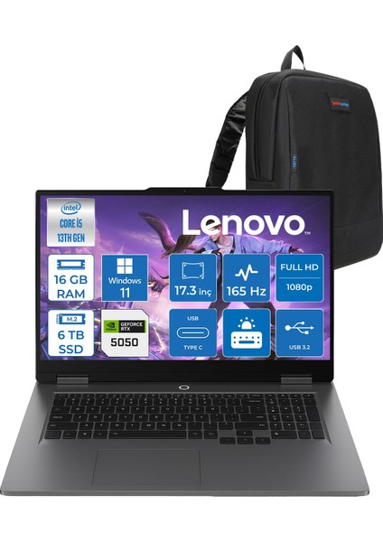 Loq 17IRX10 Intel Core I5 13450HX 16GB Ddr5 6tb SSD RTX5050 8gb 115W Windows 11 Pro 17.3 Inç Fhd (1920X1080) IPS 300NITS 165HZ 100% Srgb Taşınabilir Bilgisayar W83JH0069TRP05 + Zetta Çanta