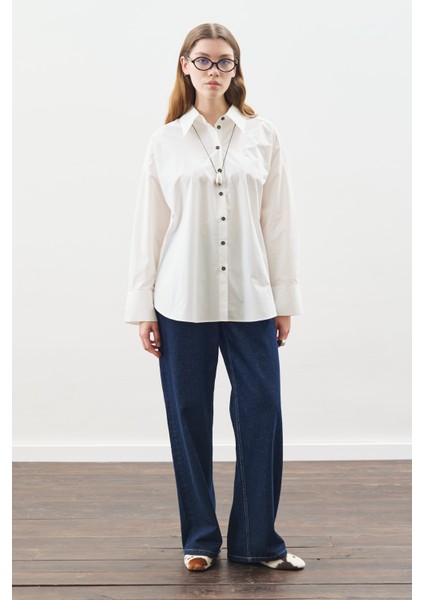 Tasarım Detaylı Oversıze Gömlek Ekru