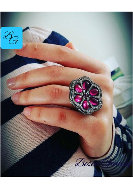 Oval Pembe Zirkon Taşlı Otantik Papatya Model Yüzük