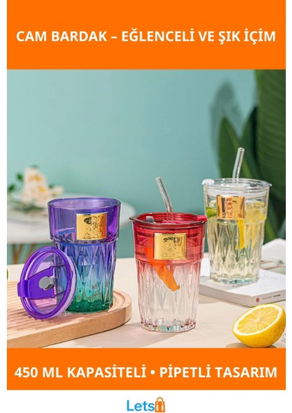 Pipetli Şık Cam Bardak 450ML Karışık Renkler