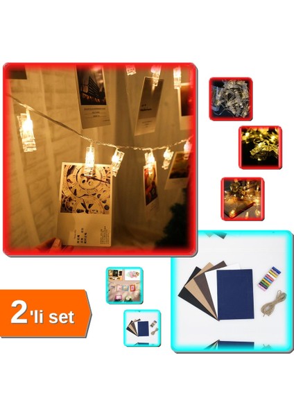 Ipli Mandallı Fotoğraf Albümü + 20LI Işıklı Mandallı Fotoğraf Albümü - 2li Set DEF456