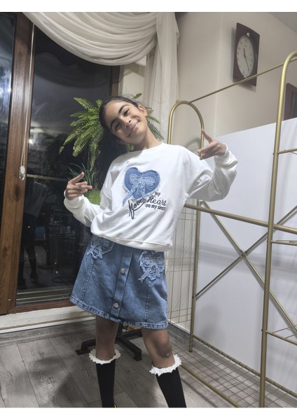 Kız Çocuk Kot Etekli Takım(Sweatshirt+Beli Lastikli Kısa Kot Etek) Kurdele Mavi