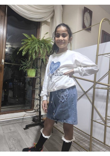 Kız Çocuk Kot Etekli Takım(Sweatshirt+Beli Lastikli Kısa Kot Etek) Kurdele Mavi fiyatları