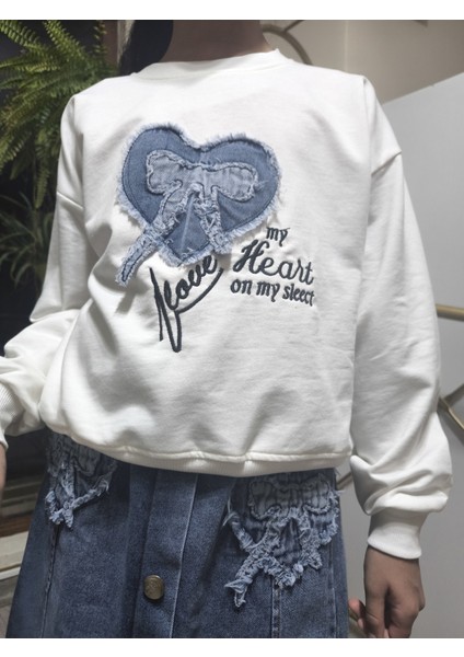 Kız Çocuk Kot Etekli Takım(Sweatshirt+Beli Lastikli Kısa Kot Etek) Kurdele Mavi modelleri