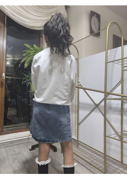 Kız Çocuk Kot Etekli Takım(Sweatshirt+Beli Lastikli Kısa Kot Etek) Kurdele Mavi fırsatları