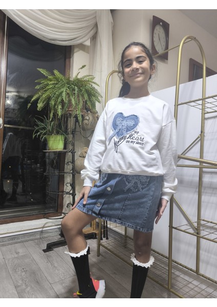 Kız Çocuk Kot Etekli Takım(Sweatshirt+Beli Lastikli Kısa Kot Etek) Kurdele Mavi indirimleri