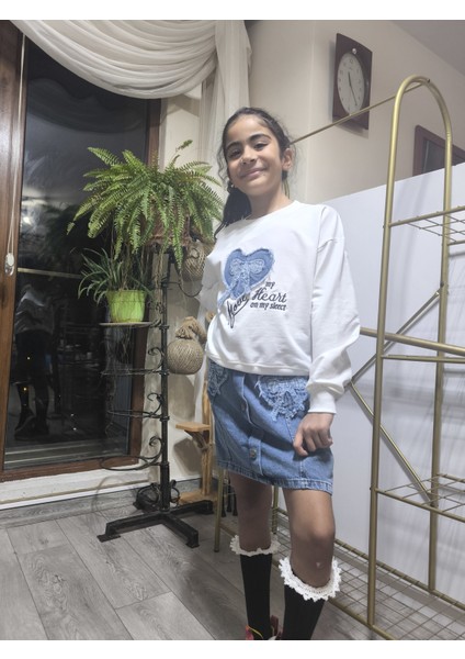 Kız Çocuk Kot Etekli Takım(Sweatshirt+Beli Lastikli Kısa Kot Etek) Kurdele Mavi