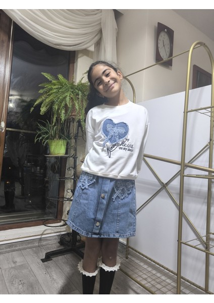 Kız Çocuk Kot Etekli Takım(Sweatshirt+Beli Lastikli Kısa Kot Etek) Kurdele Mavi