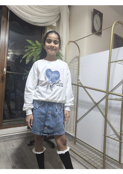 Kız Çocuk Kot Etekli Takım(Sweatshirt+Beli Lastikli Kısa Kot Etek) Kurdele Mavi