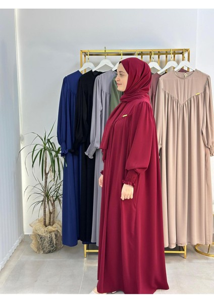 Sallı ,önü V Model Büzgülü Tesettür Elbise Takım ,ferrace,abaya, Hicab,hac ve Umre Için Uygun Bordo modelleri