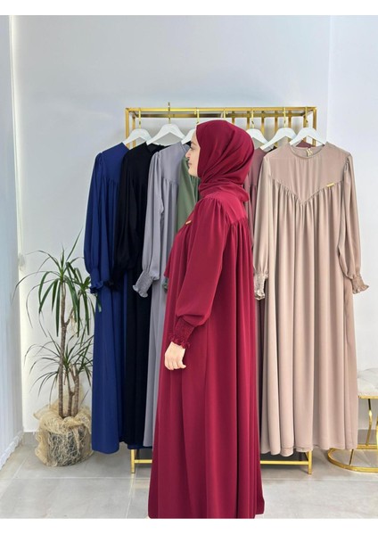 Sallı ,önü V Model Büzgülü Tesettür Elbise Takım ,ferrace,abaya, Hicab,hac ve Umre Için Uygun Bordo fırsatları